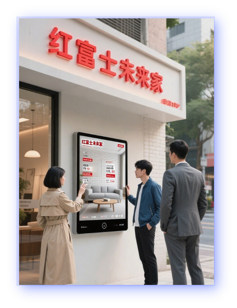 店外大屏场景，社区门店外展示装修方案吸引客户停留